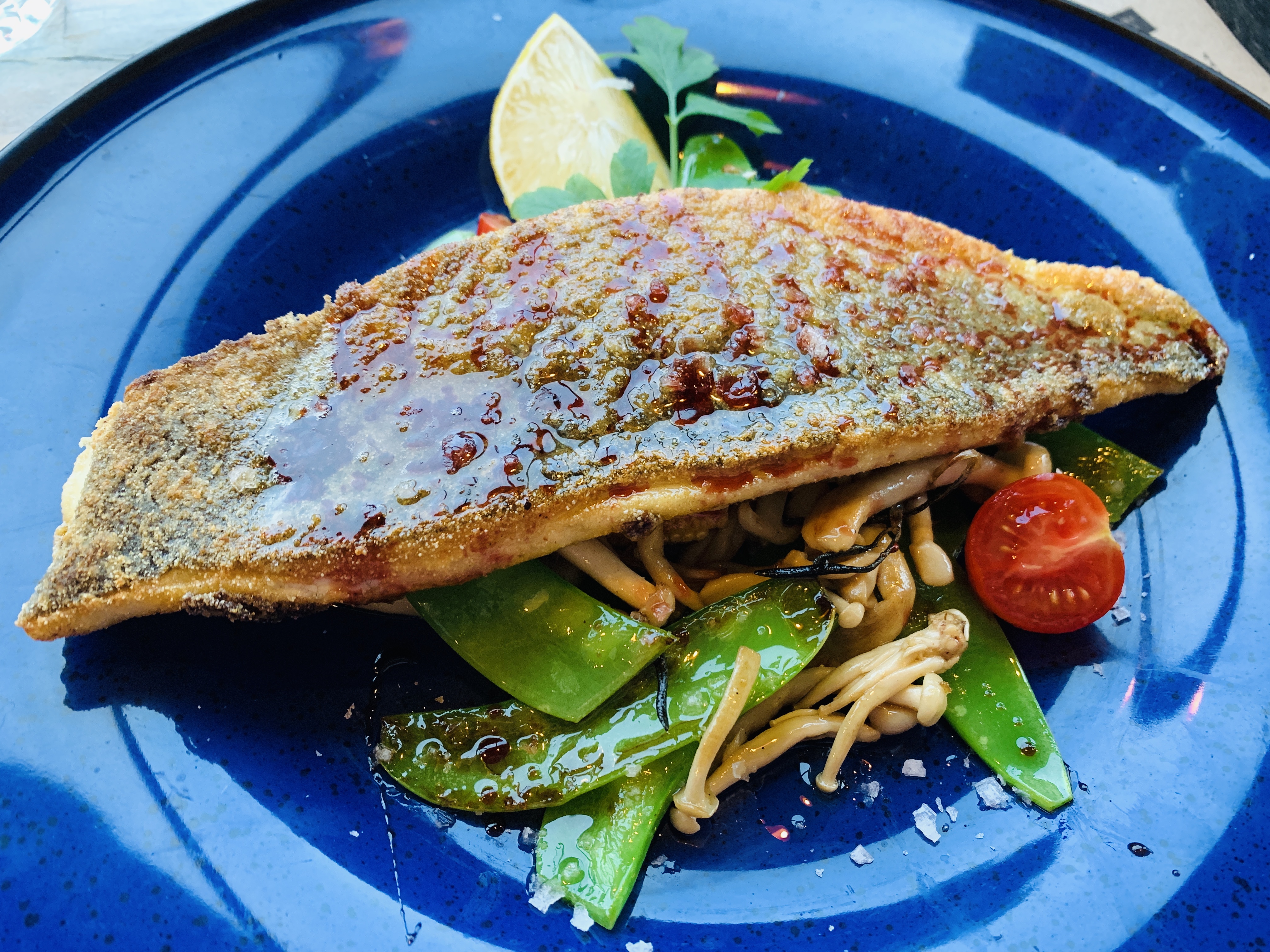 iO Italian Osteria - Truffle-Crusted Sea Bass with Green Beans, Enoki Mushroom and Baby Corn