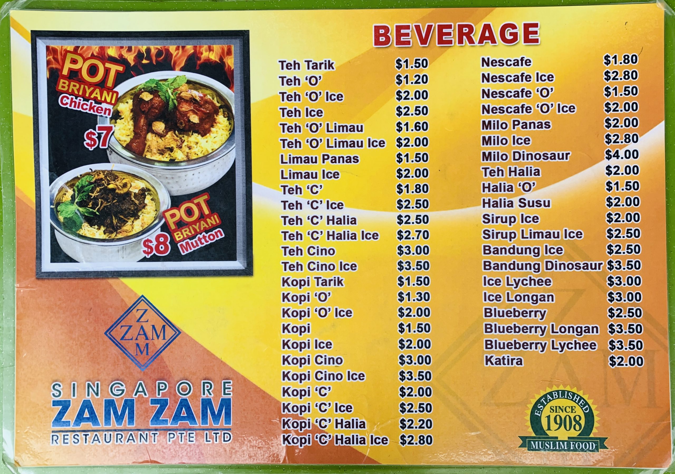 Singapore Zam Zam - Drinks Menu