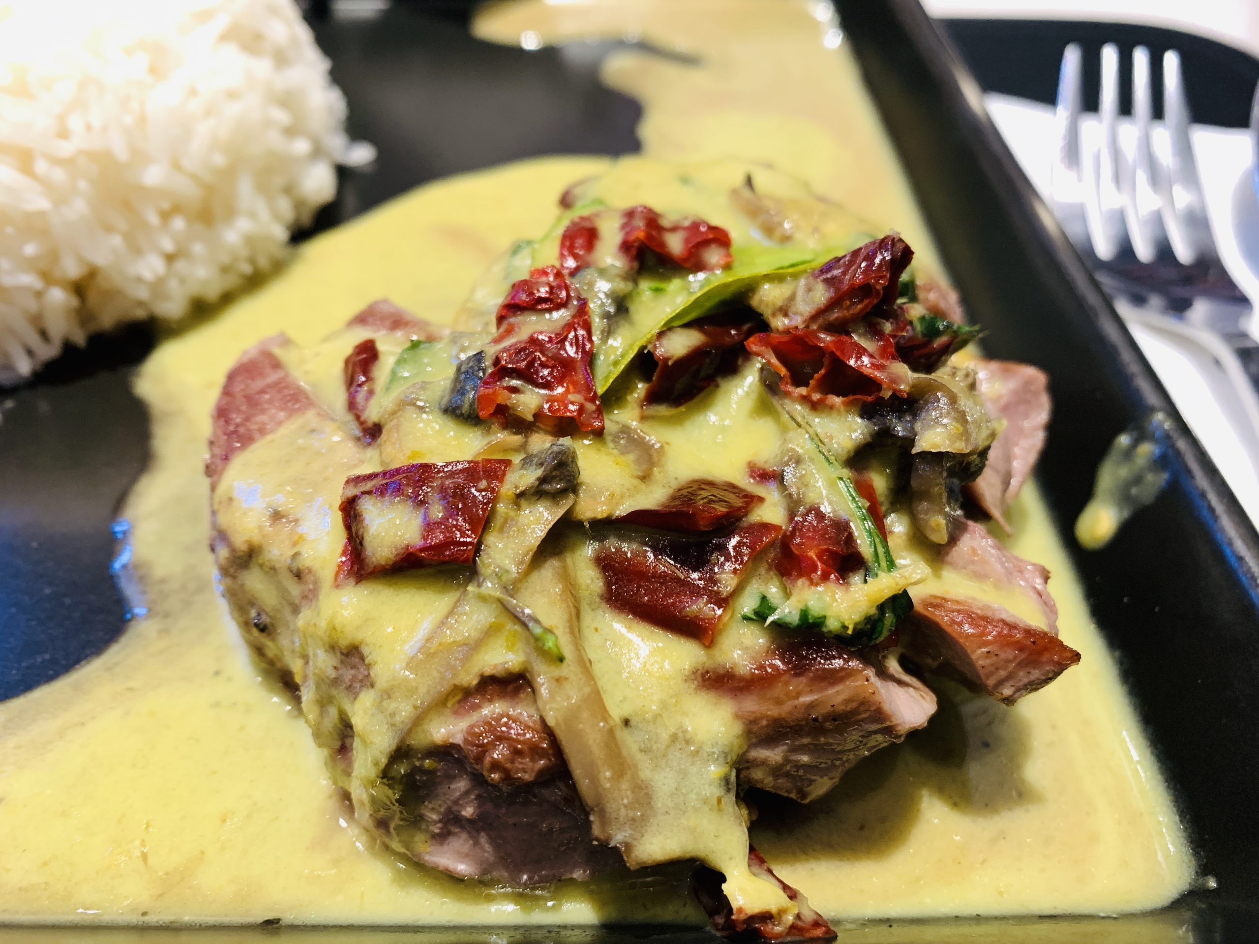 Greyhound Cafe - Tenderloin Steak with Green Curry Sauce and Rice