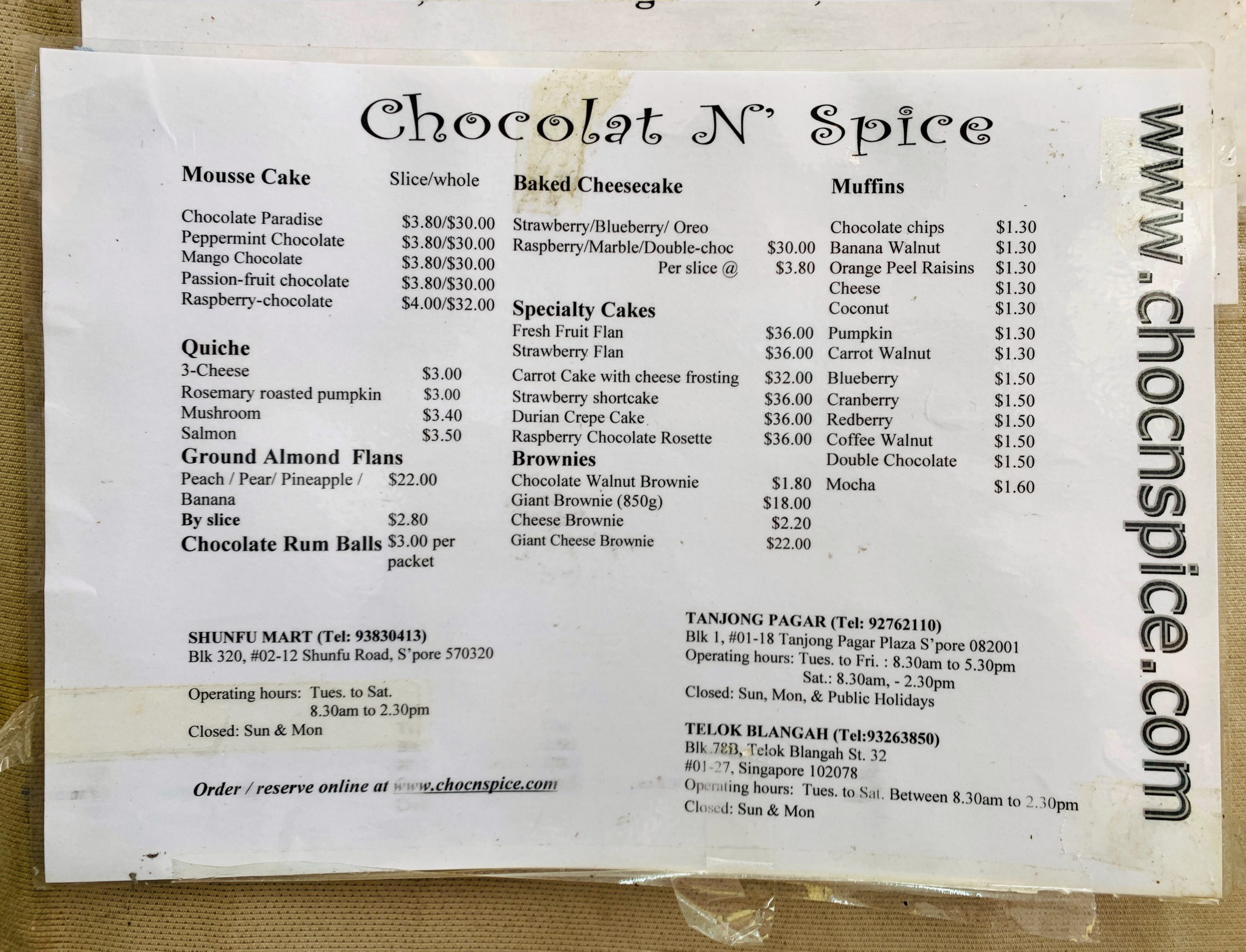 Chocolat N' Spice - Menu