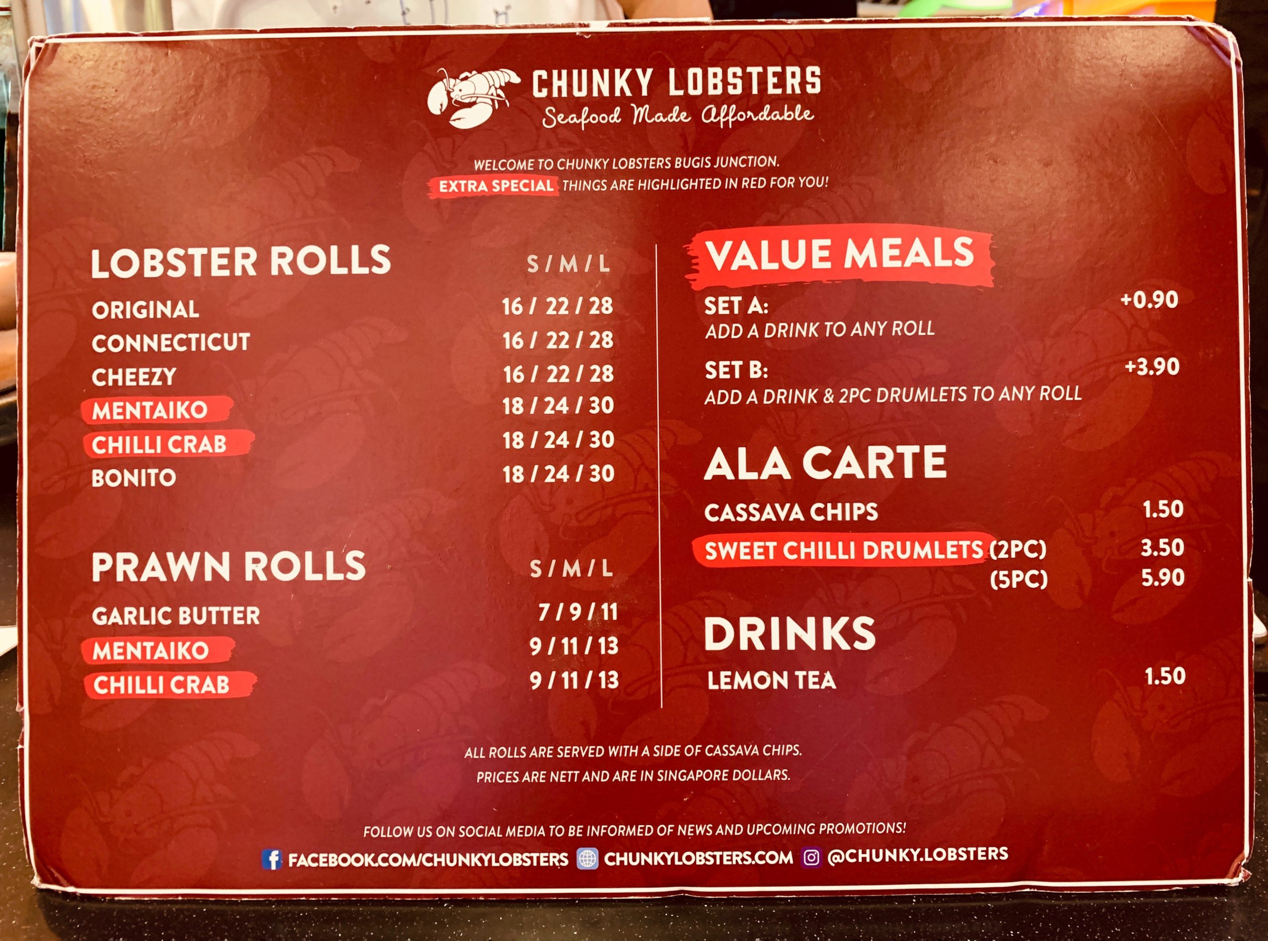 Chunky Lobsters - Menu