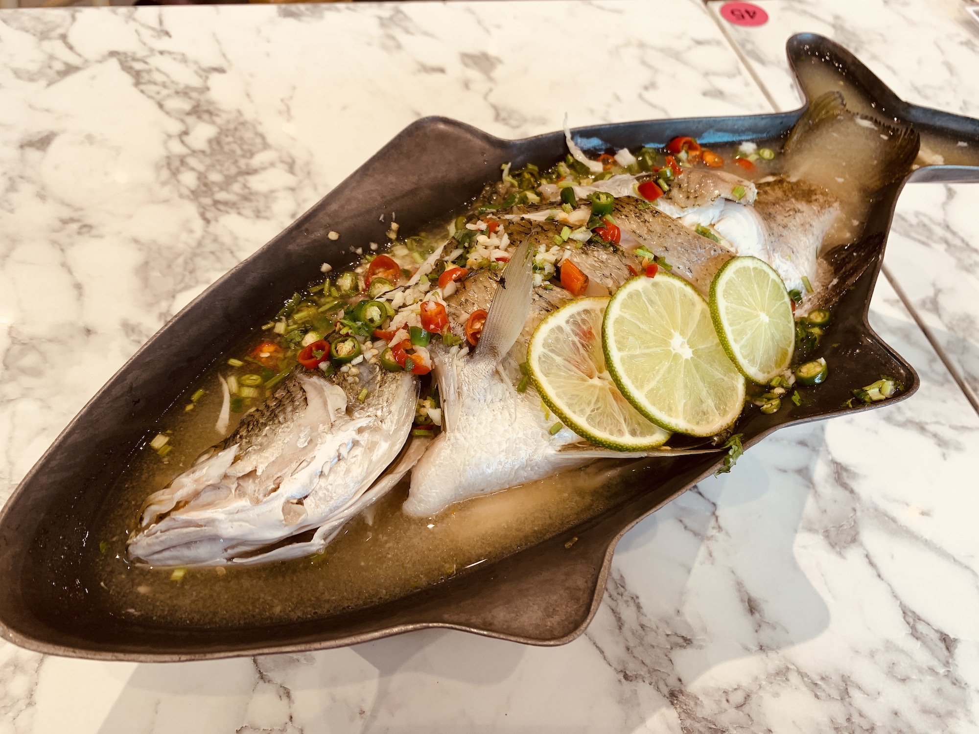 Go-Ang Patunam Chicken Rice - Steamed Sea Bass with Chilli, Lime & Garlic