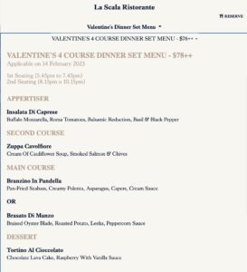 La Scala - Valentine's Day Dinner Menu 2023