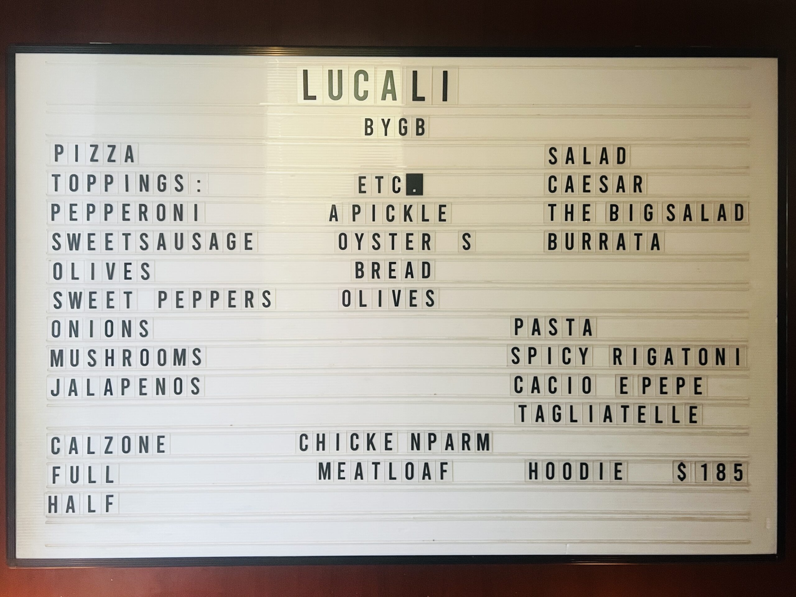 Lucali BYGB - Menu